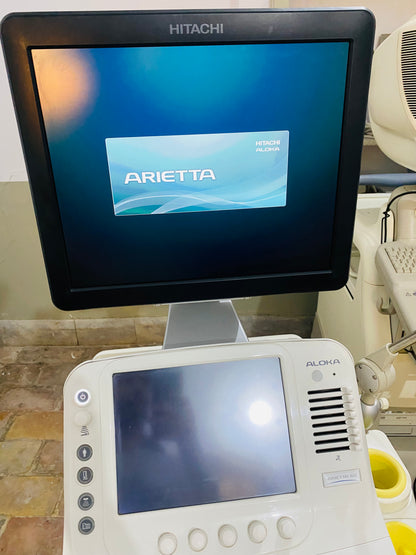 Hitachi Aloka ARIETTA 60 with convex linear cardiac probe, convex probe has air shade. Also can sell it's probes and parts separately