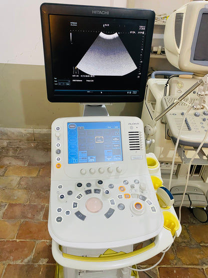 Hitachi Aloka ARIETTA 60 with convex linear cardiac probe, convex probe has air shade. Also can sell it's probes and parts separately