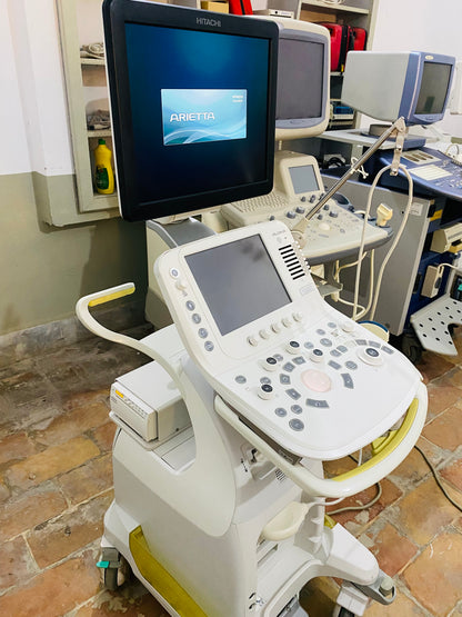 Hitachi Aloka ARIETTA 60 with convex linear cardiac probe, convex probe has air shade. Also can sell it's probes and parts separately