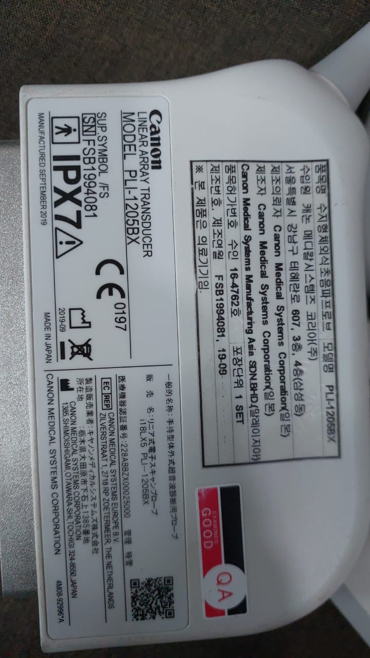 Canon i18LX5 model: PLI-1205BX Linear array transducer Mfg: 09-2019 UC