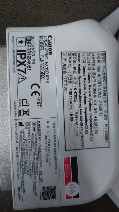 Canon i18LX5 model: PLI-1205BX Linear array transducer Mfg: 09-2019 UC